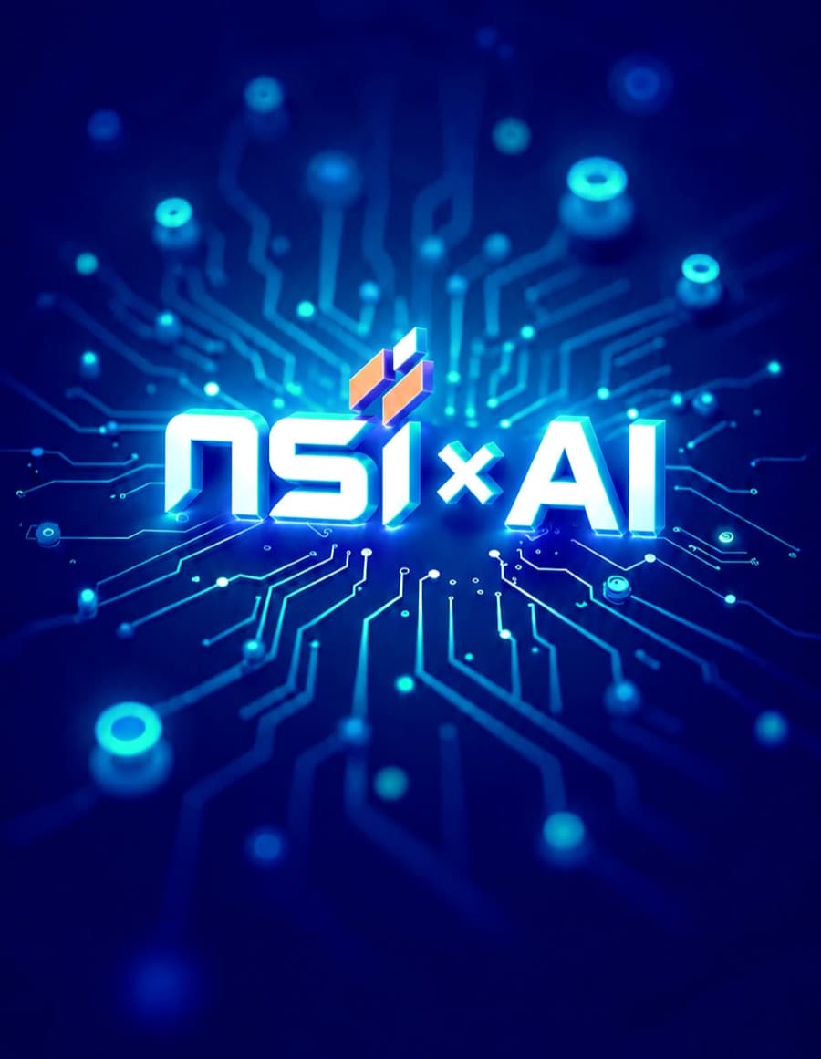 NSI × AI — the NSI logo rendered in 3D at the centre of a glowing circuit board